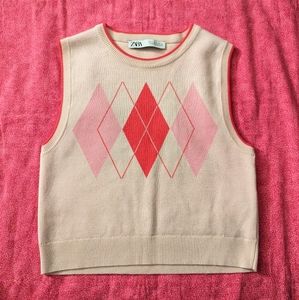 Zara Pink Argyle Sweater Vest Top